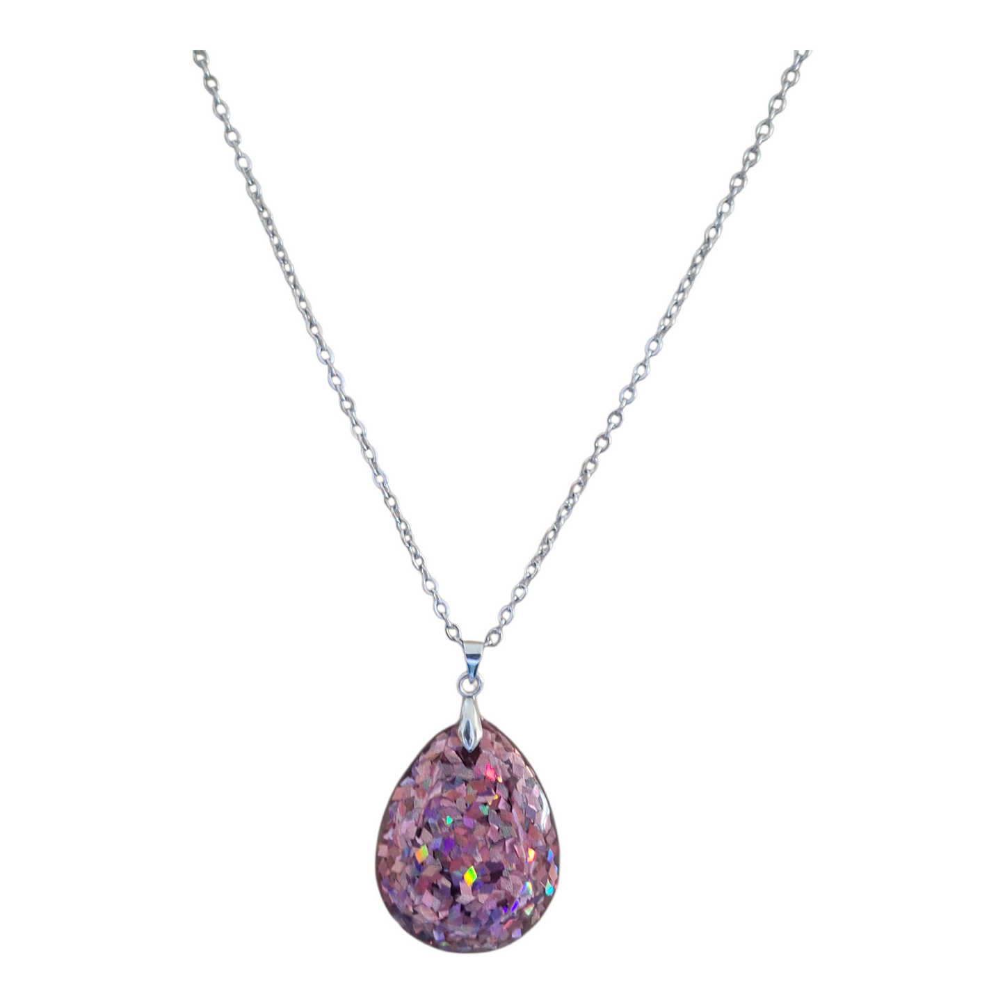 Pendentif goutte paillettes holographiques roses scintillant en résine époxy – Collier fait main