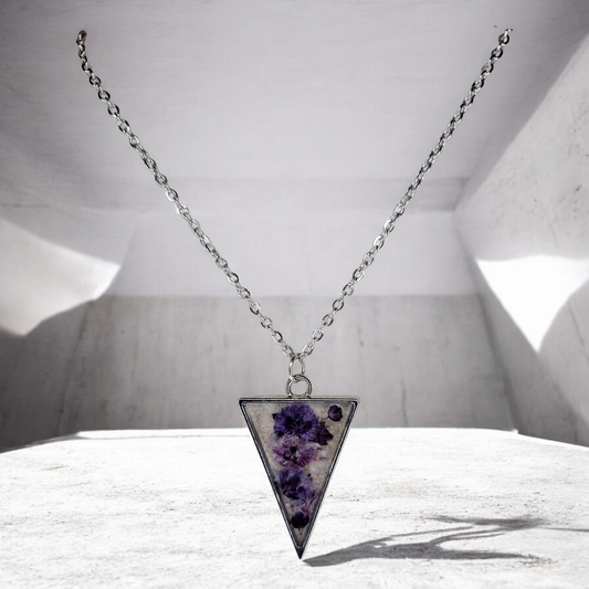 Pendentif Géométrique Triangle et Fleurs Éternelles Mauves - Métal Argenté
