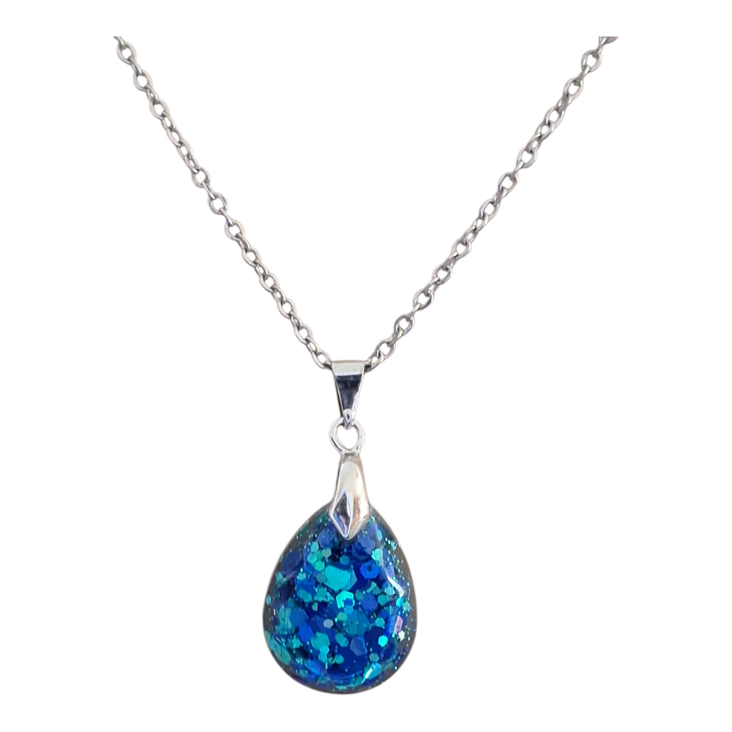 Pendentif goutte bleu scintillant en résine époxy – Collier fait main