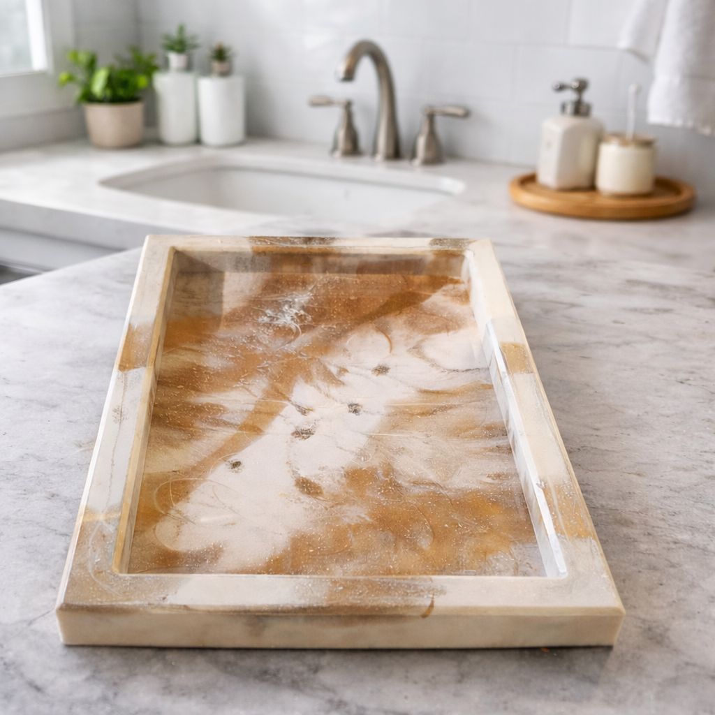 Accessoires salle de bain en résine époxy effet marbre. Set artisanal avec plateau, pompe dorée et gobelet. Élégance et pièce unique.
