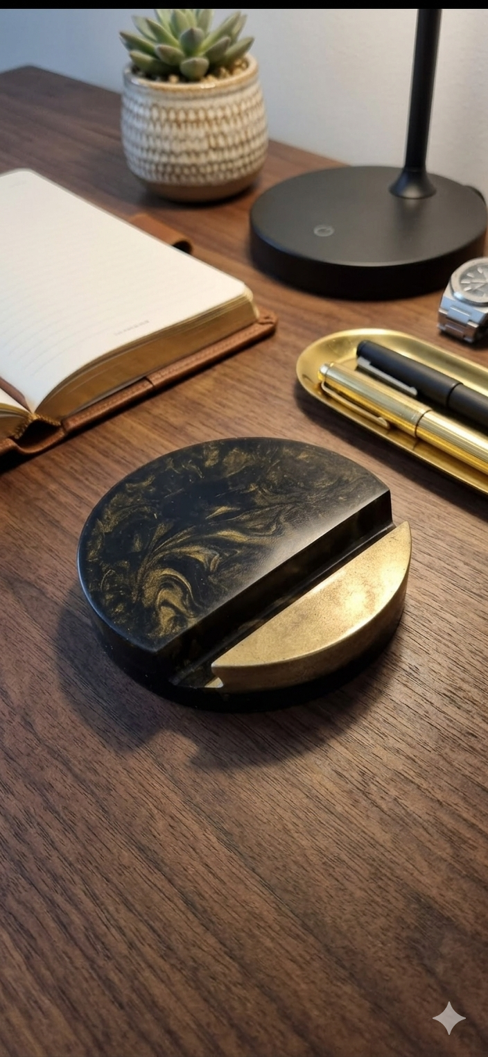 Support de Téléphone Design - Marbre Noir et Or en Résine Artisanale