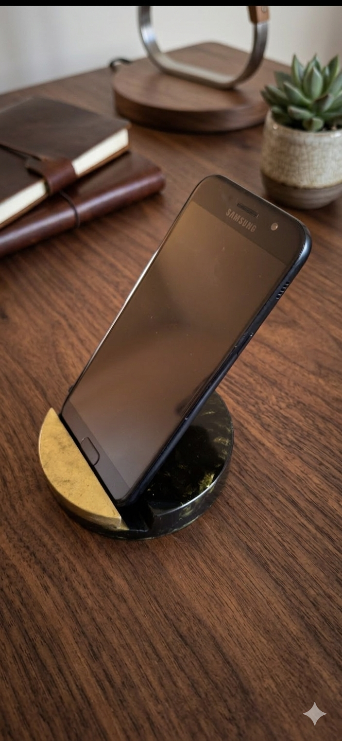 Support de Téléphone Design - Marbre Noir et Or en Résine Artisanale