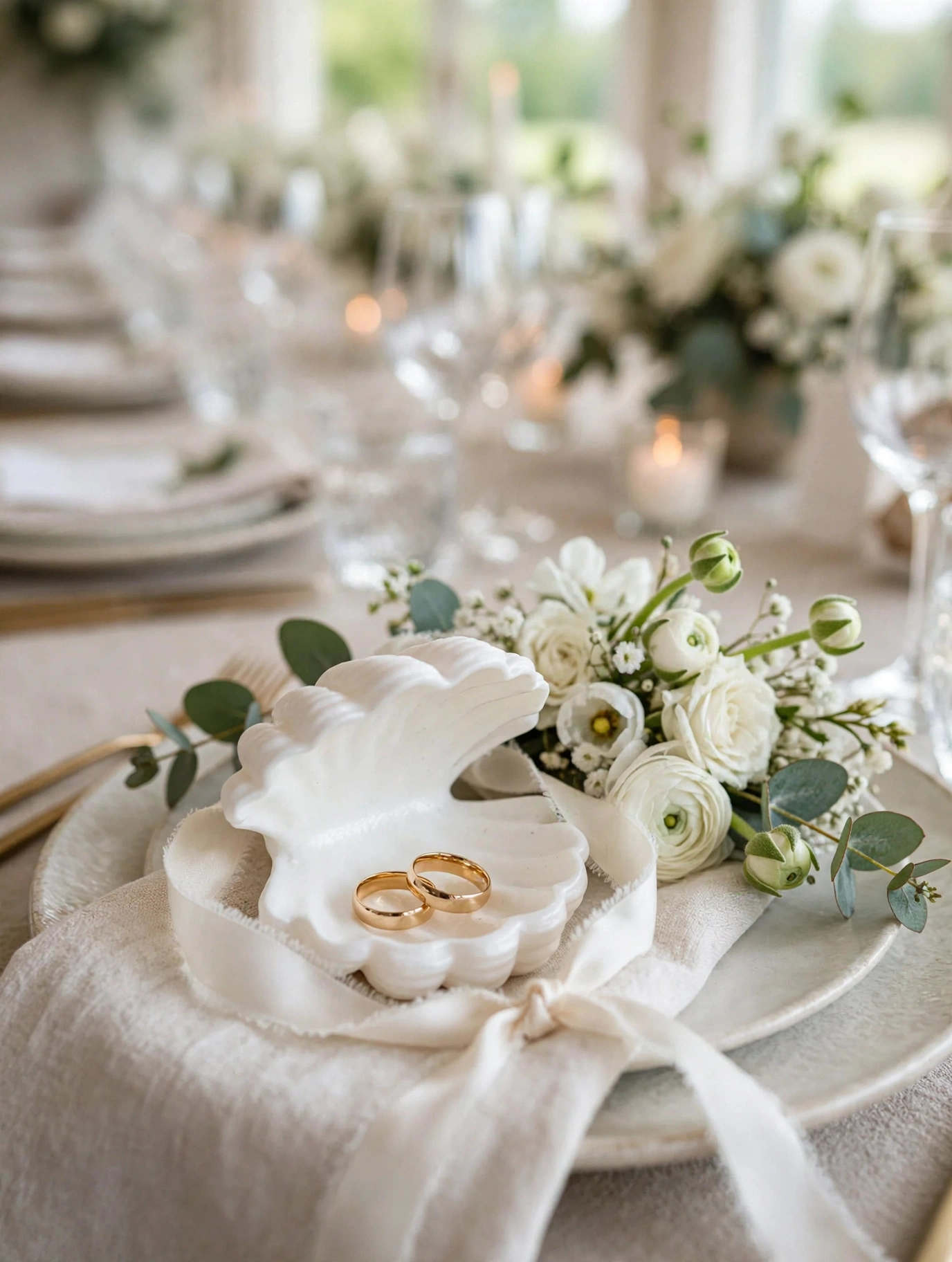 Porte-Alliances Coquillage Blanc - Boîte à Alliances Mariage Bohème Chic - Fait Main