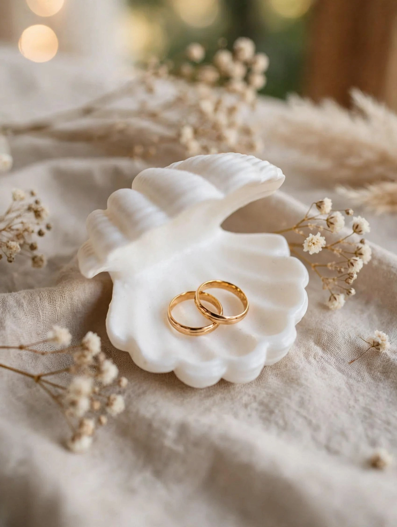 Porte-Alliances Coquillage Blanc - Boîte à Alliances Mariage Bohème Chic - Fait Main