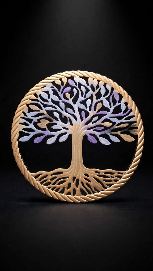 Arbre de Vie Rond 20,5cm - Résine Epoxy Doré Violet Gris - Fait Main