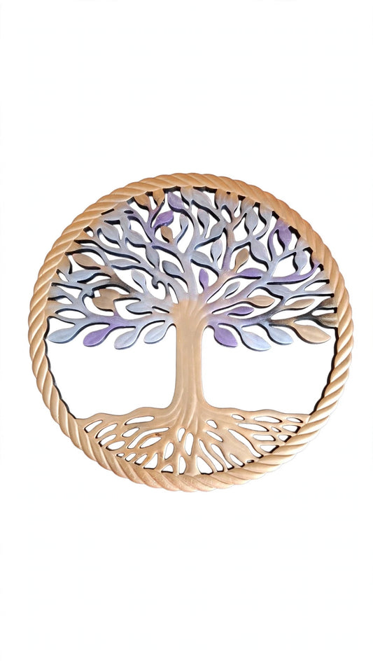 Arbre de Vie Rond 20,5cm - Résine Epoxy Doré Violet Gris - Fait Main