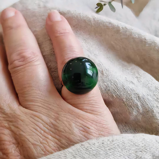 Bague Boule Vert Bouteille - Gros Dôme Émeraude - Résine Époxy Brillante