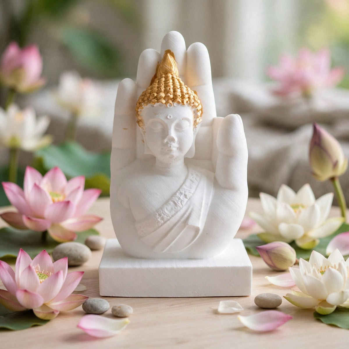 Statue Bouddha en Résine Naturelle et Or dans la Main Protectrice– Décoration Zen & Feng Shui