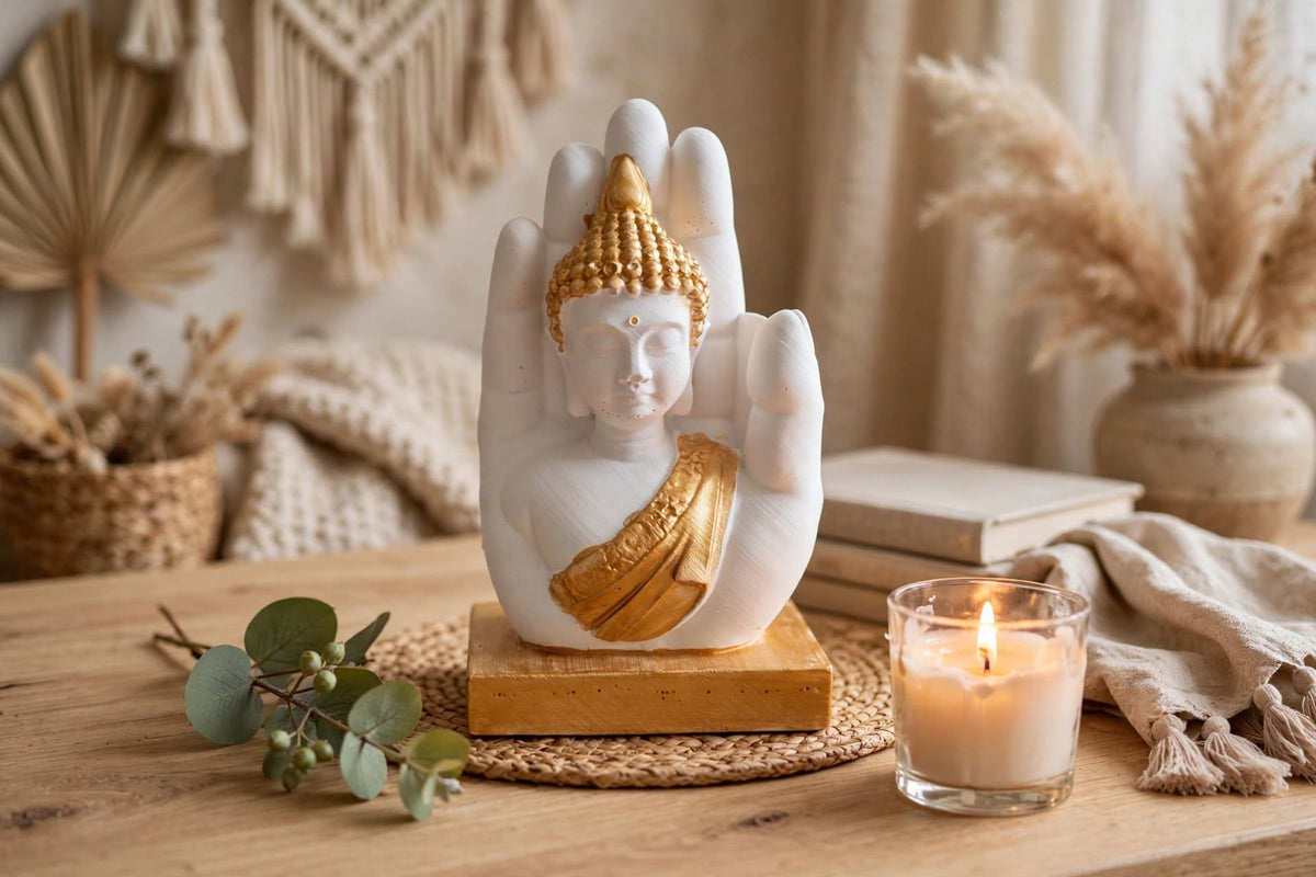 Statue Bouddha en Résine Naturelle et Or dans la Main Protectrice– Décoration Zen & Feng Shui