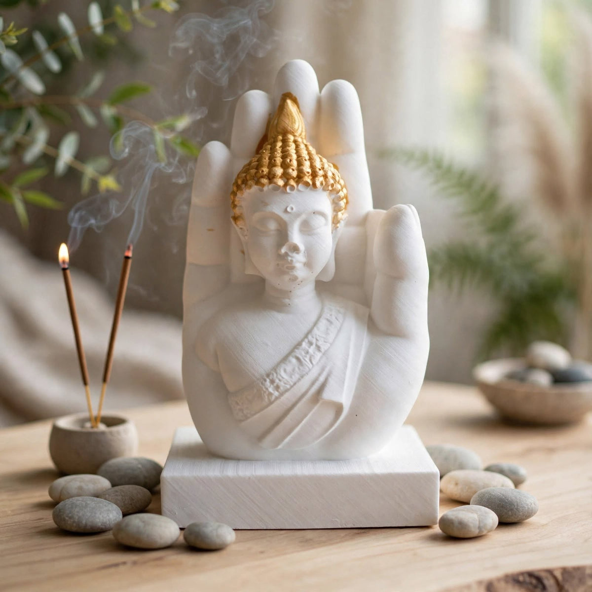 Statue Bouddha en Résine Naturelle et Or dans la Main Protectrice– Décoration Zen & Feng Shui