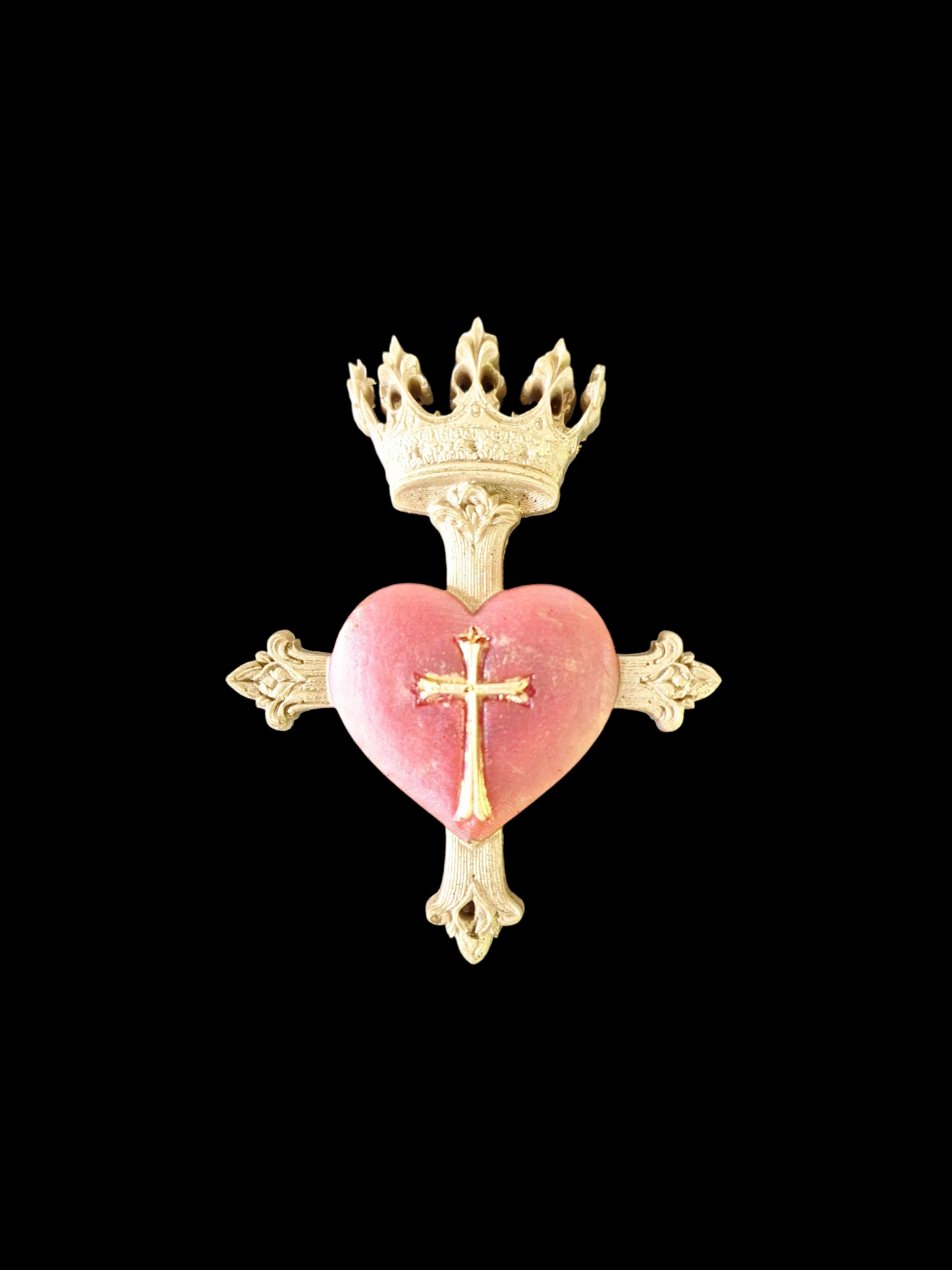 Ex-voto Mural Cœur Sacré à la Croix et Couronne Or et Rouge - Création artisanale unique - idée cadeau pour elle, lui, Noël