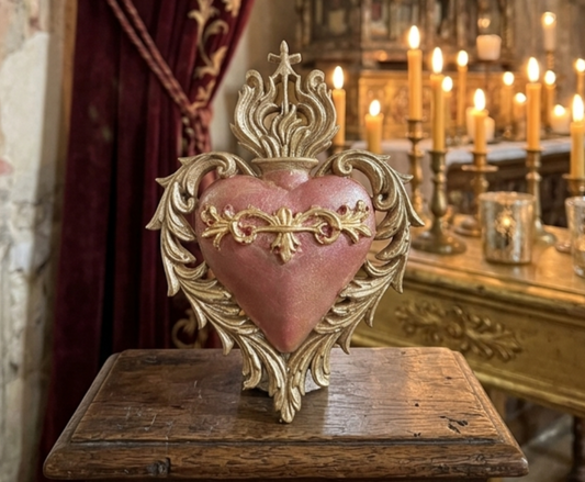 Ex-voto Mural Cœur Sacré Flamboyant Baroque Or et Rouge - Création artisanale unique - idée cadeau pour elle, lui, Noël