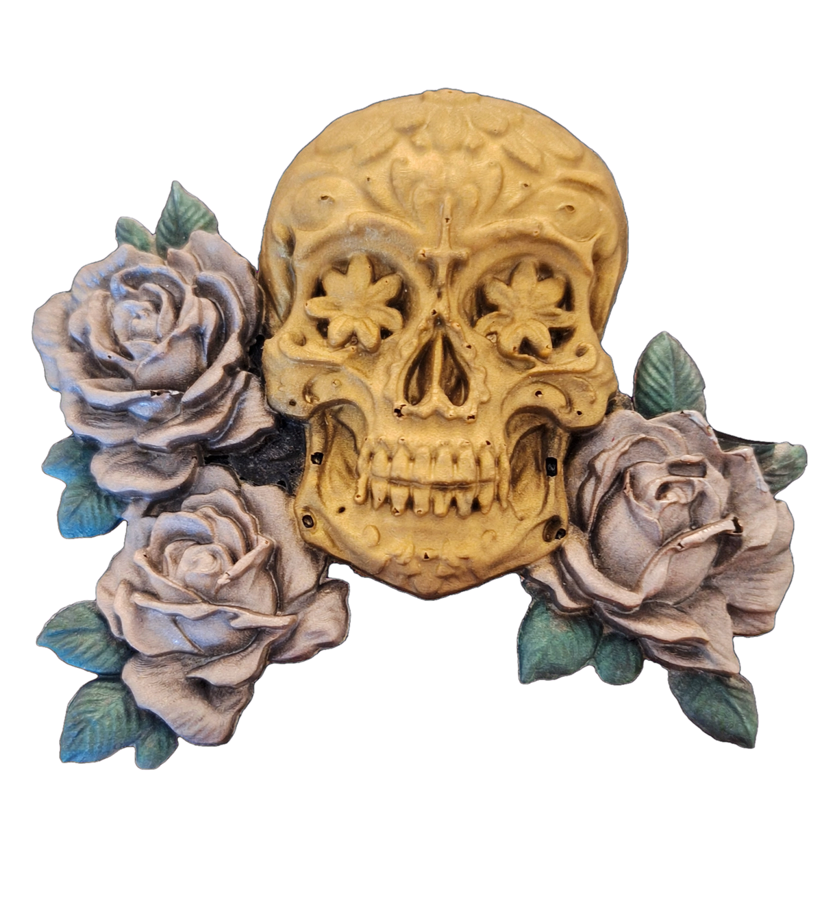 Magnet Frigo Crâne Mexicain Doré & Roses - Dia de los Muertos | Résin'éclat