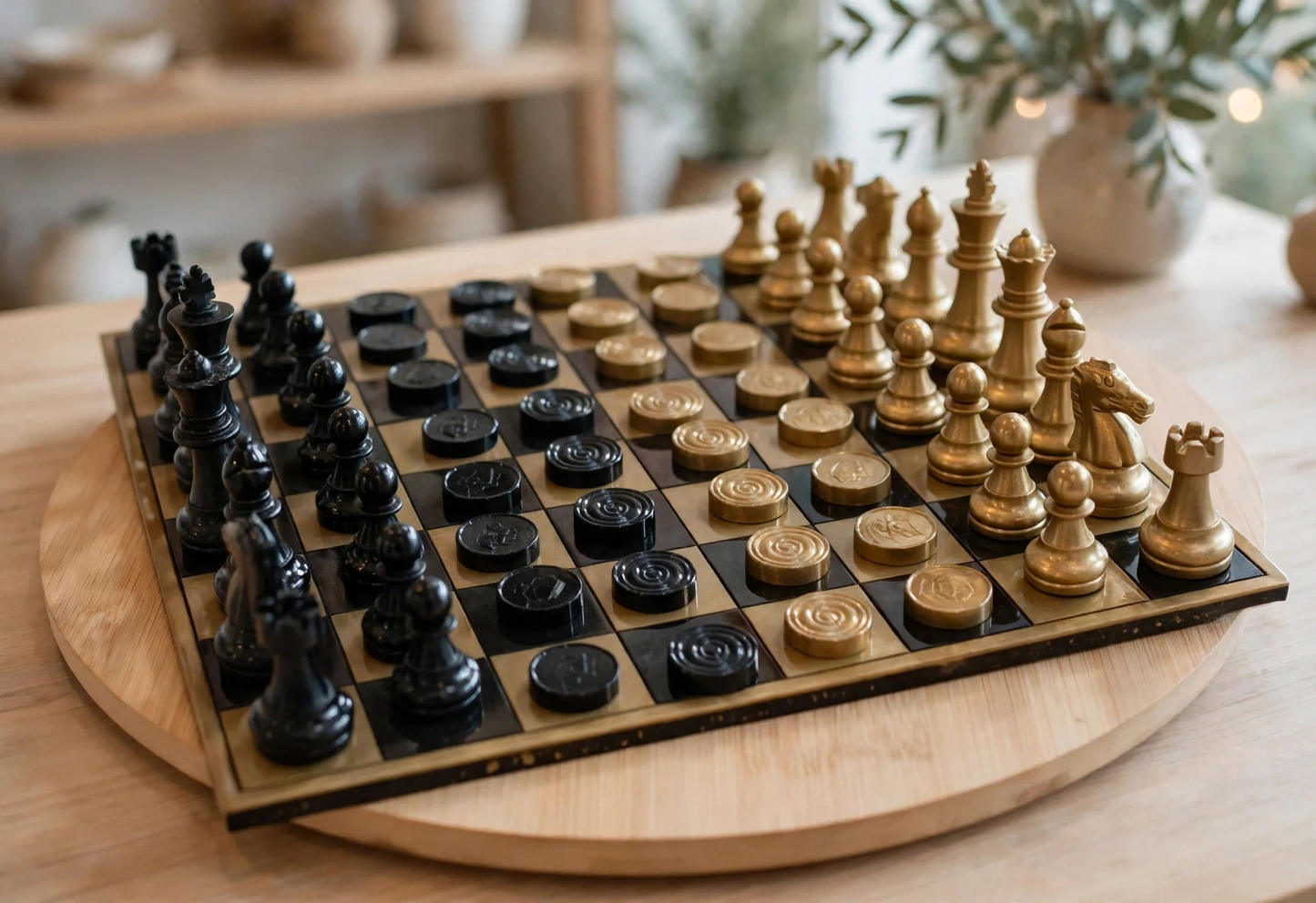 Jeu d'Échecs 2-en-1 en Résine Époxy - Échiquier et Jeu de Dames - Plateau 27,5 x 27,5 cm - Noir et Doré - Fait Main | Résin'éclat - idée cadeau pour elle, lui