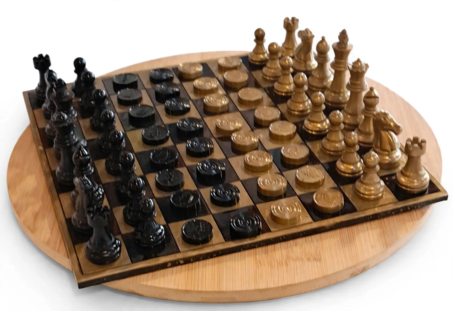 Jeu d'Échecs 2-en-1 en Résine Époxy - Échiquier et Jeu de Dames - Plateau 27,5 x 27,5 cm - Noir et Doré - Fait Main | Résin'éclat - idée cadeau pour elle, lui
