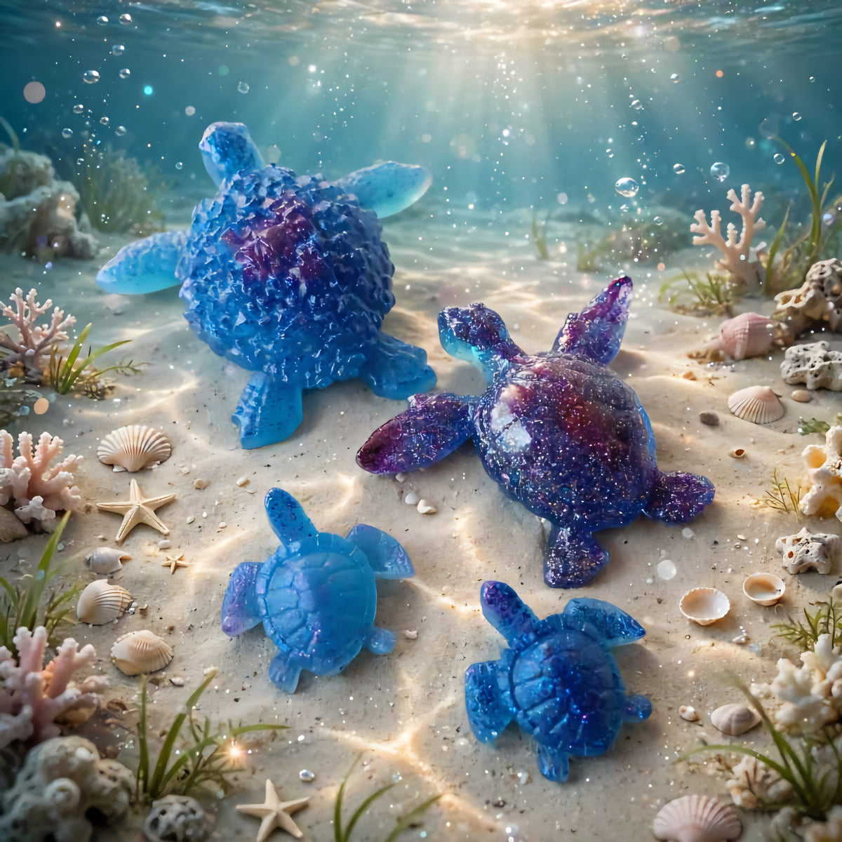 Famille de 4 Tortues Océan en Résine Époxy - Lagon Bleu et Sable - Pièce Unique