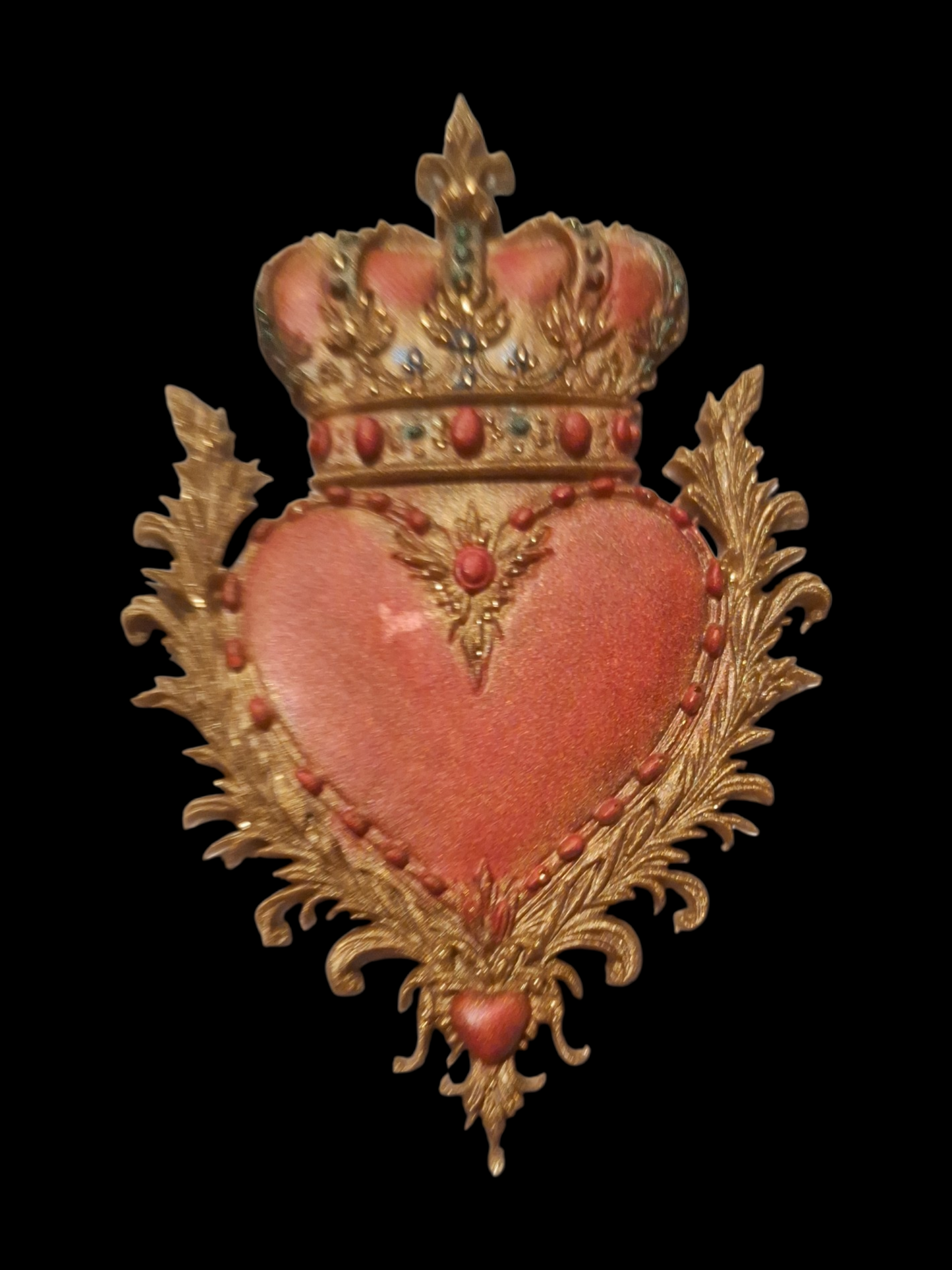 Grand Ex-voto Mural Cœur Couronné Baroque Rouge et Or - Création artisanale unique - idée cadeau pour elle, lui, Noël