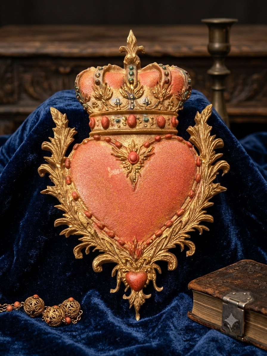 Grand Ex-voto Mural Cœur Couronné Baroque Rouge et Or - Création artisanale unique - idée cadeau pour elle, lui, Noël
