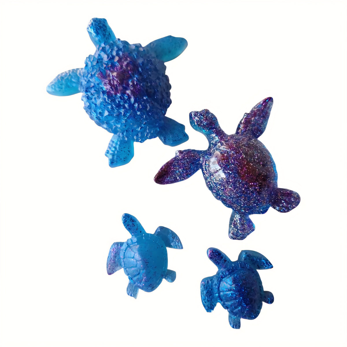 Famille de 4 Tortues Océan en Résine Époxy - Lagon Bleu et Sable - Pièce Unique