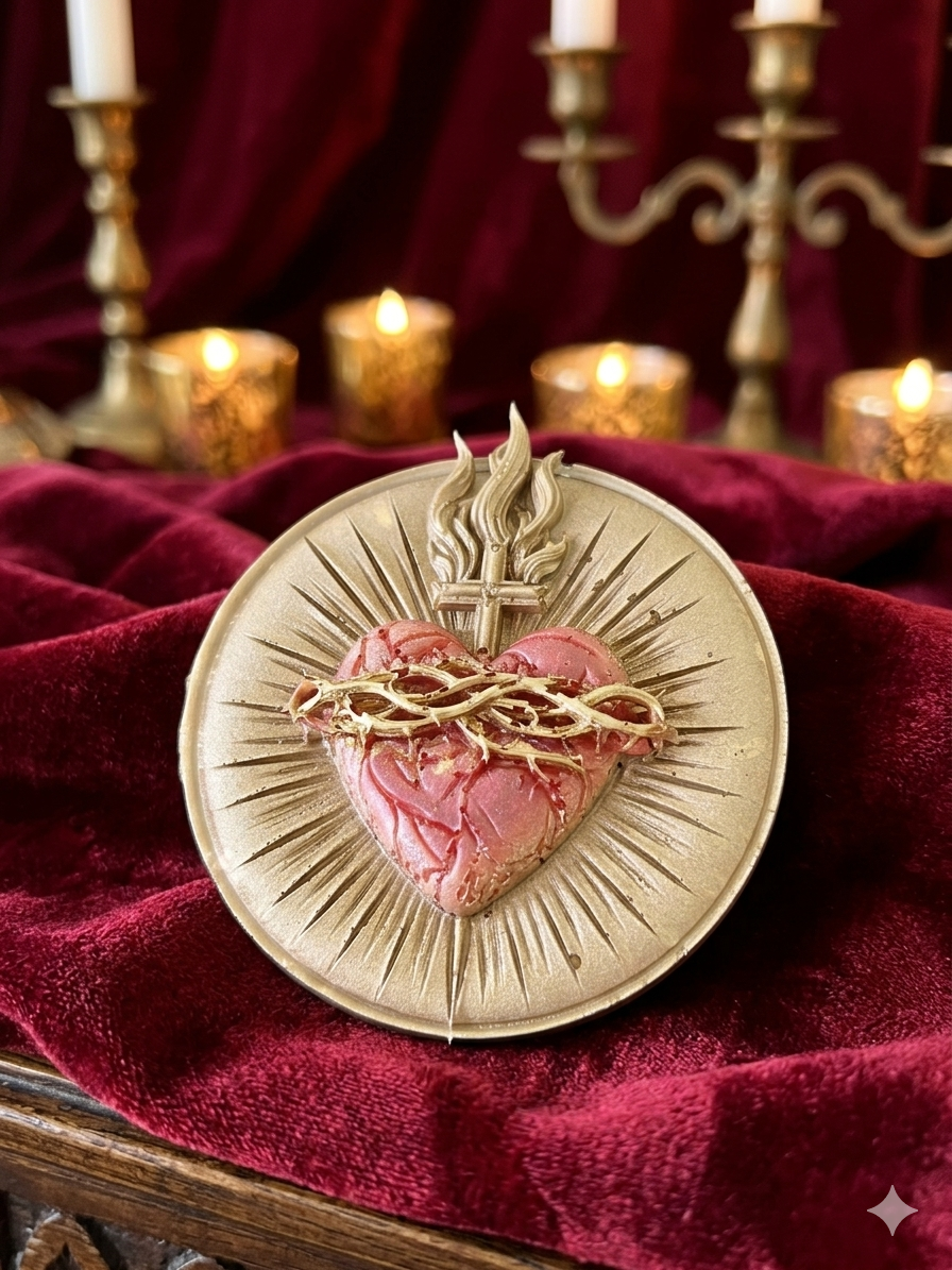 Ex-voto Mural Médaillon Cœur Sacré Rouge et Or – Création Artisanale - Idée cadeau pour elle, lui