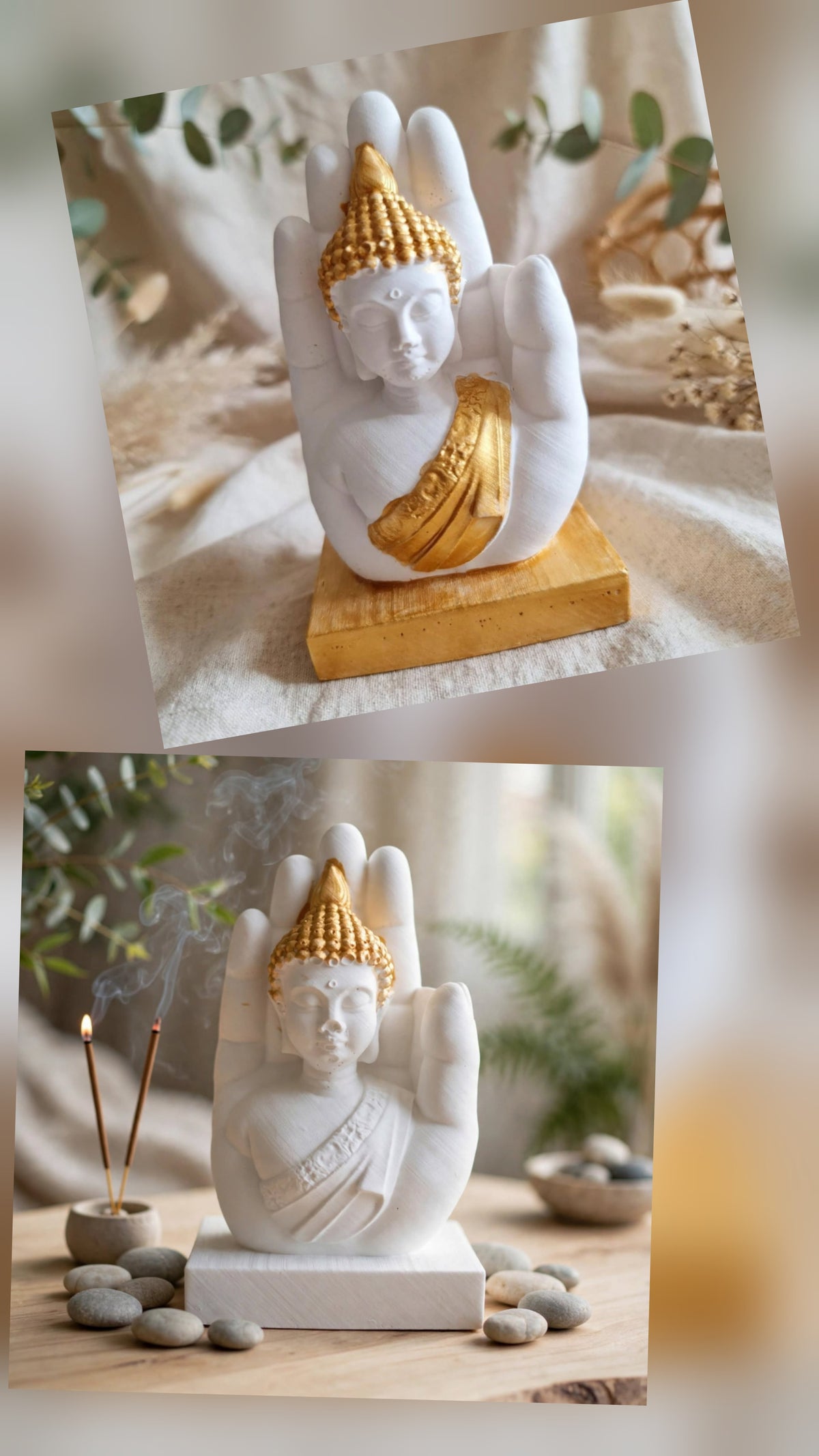 Statue Bouddha en Résine Naturelle et Or dans la Main Protectrice– Décoration Zen & Feng Shui