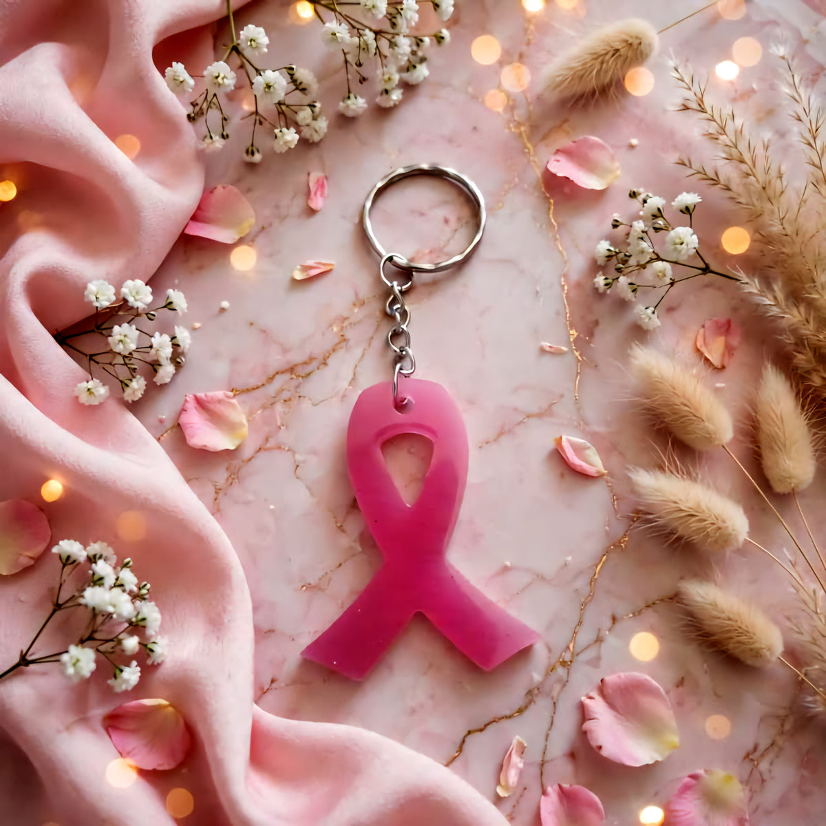 Porte-clé Ruban Rose - Résine Marbrée - Collection Octobre Rose 🎀