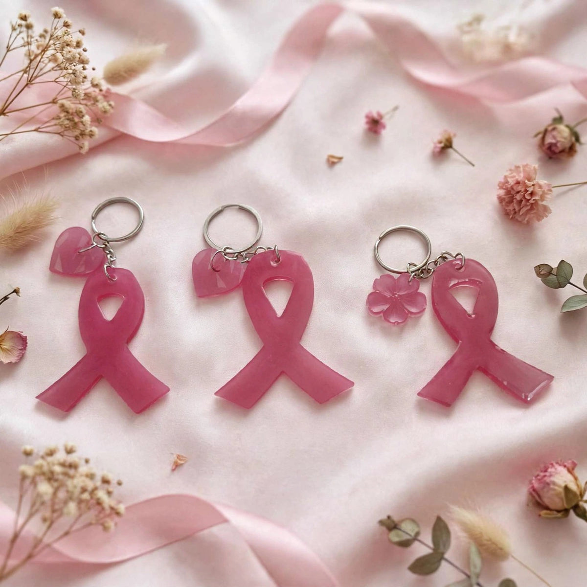 Porte-clé Ruban Rose - Octobre Rose - Résine Fait Main - Cœur ou Fleur