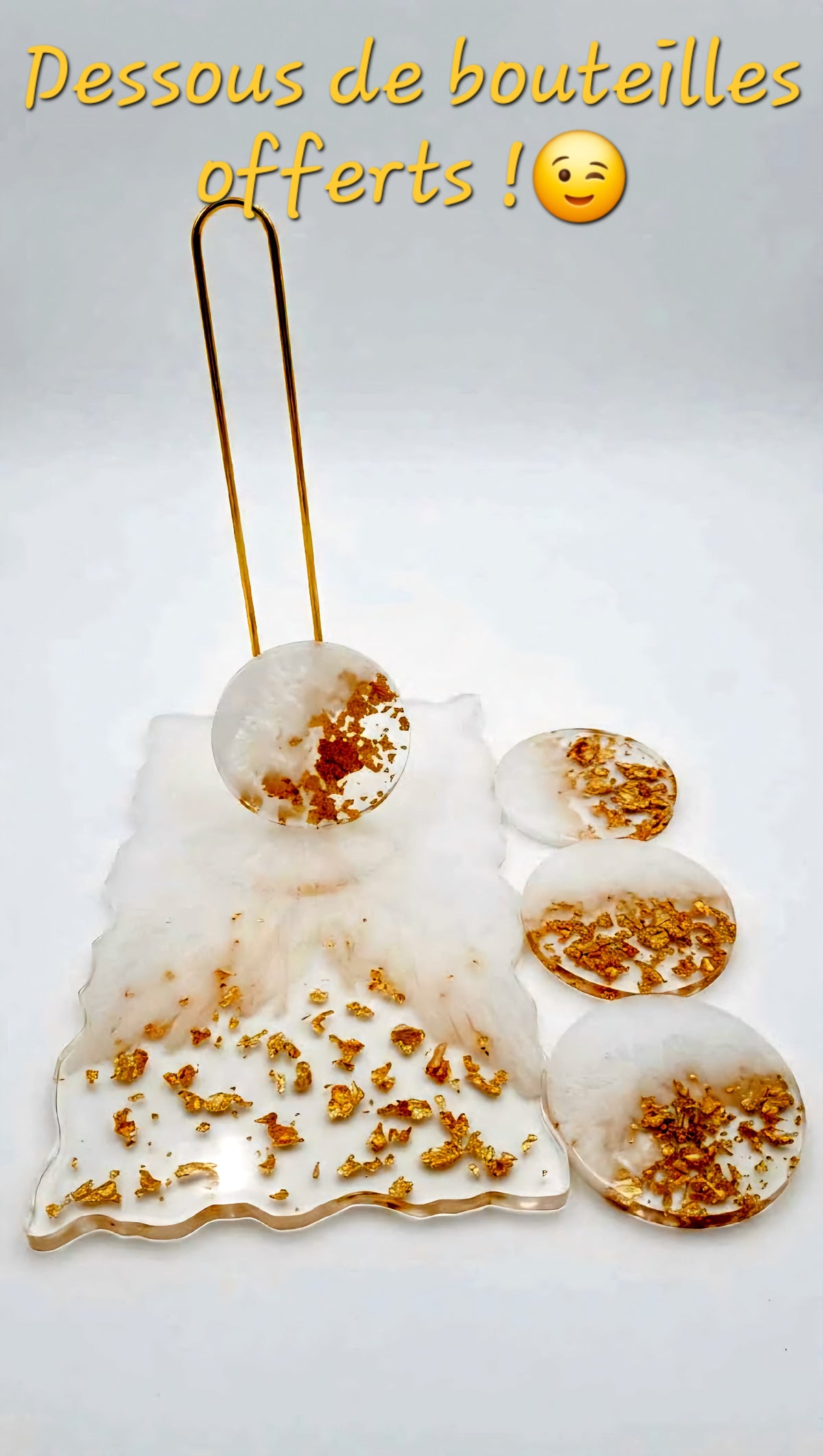 Porte Essuie-Tout Résine Epoxy Blanc et Feuilles d'Or + Plateau + 4 Dessous de Bouteilles Offerts - Fait Main - Résin'éclat