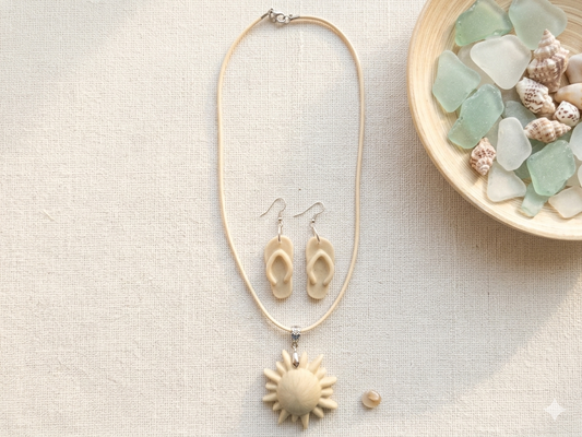 Parure Bijoux Soleil et Tongs - Collier Pendentif et Boucles d’Oreilles Assorties