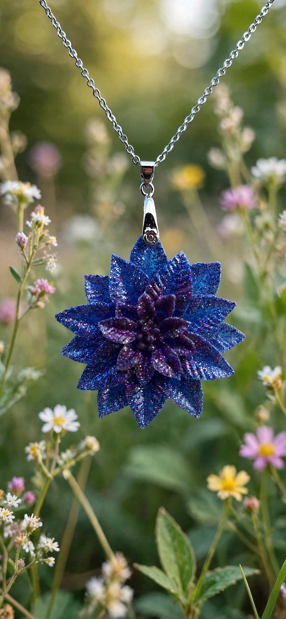 Collier Fleur Dahlia Bleu Nuit Pailleté - Résine & Acier Inoxydable