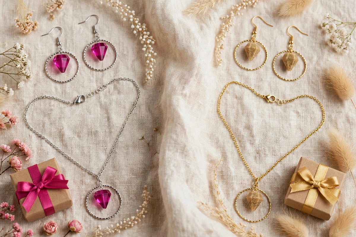 Parure Diamant Résine - Collier et Boucles d'Oreilles | Fuchsia & Sable Doré