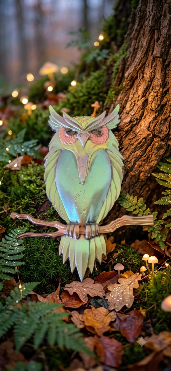 Chouette des Bois Enchantés – Décoration Hibou en Résine Iridescente Verte et Rose
