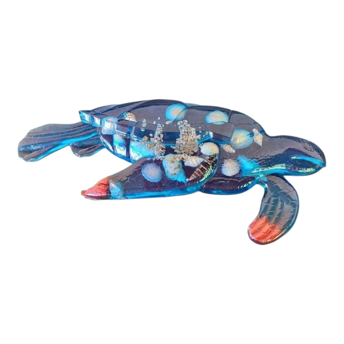 Tortue Lagon Corail – Décoration Marine en Résine Époxy, Coquillages et Sable Naturels - Fait Main