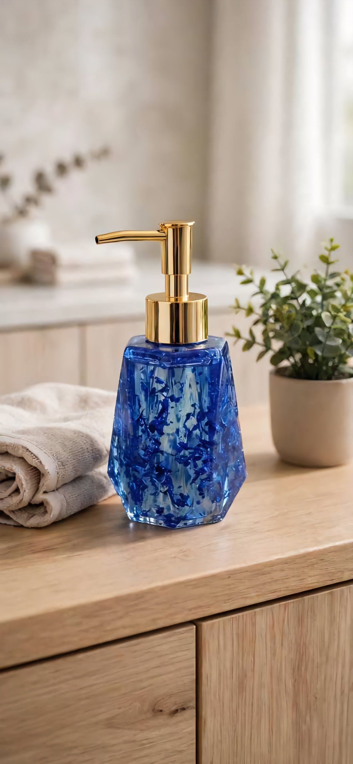 Distributeur de Savon en Résine Époxy Bleu Saphir | Pompe Dorée | Fait Main