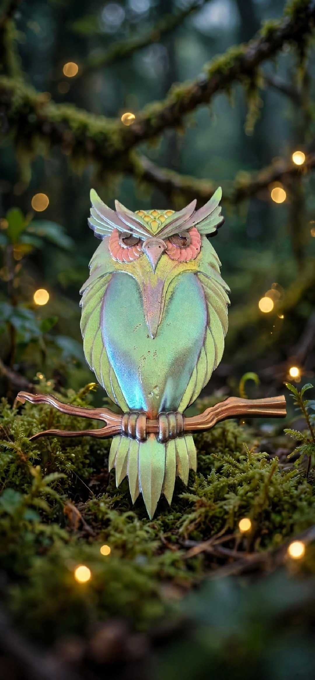 Chouette des Bois Enchantés – Décoration Hibou en Résine Iridescente Verte et Rose