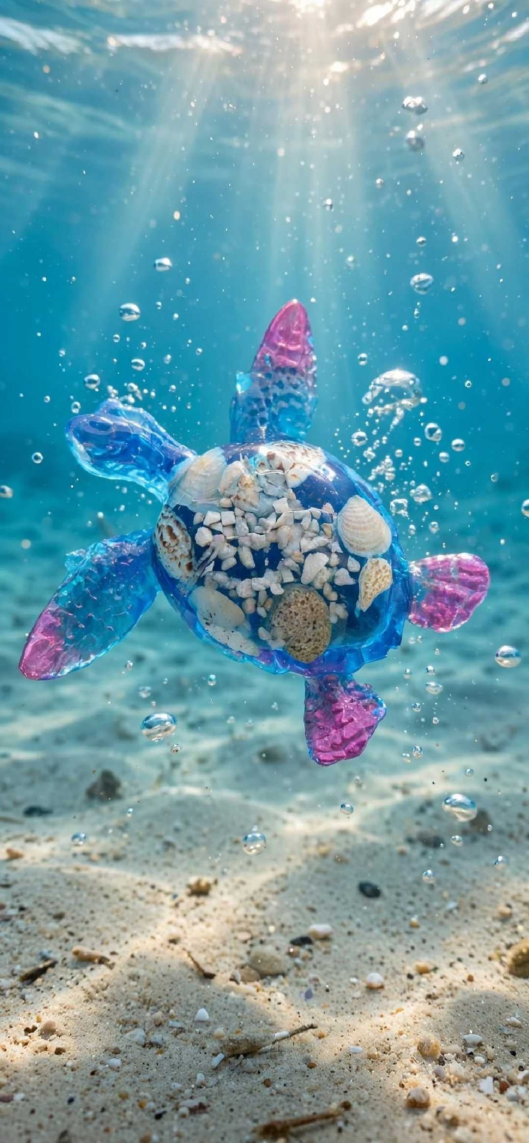 Décoration Tortue Marine Résine Bleue Rose - Coquillages et Graviers