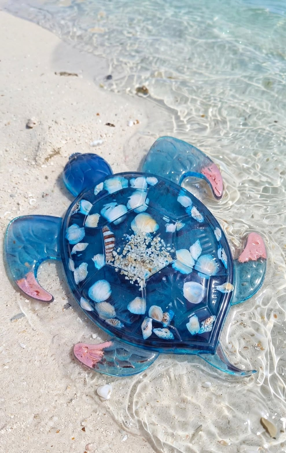 Décoration Tortue Marine en Résine - Sculpture Océan Bleu et Coquillages