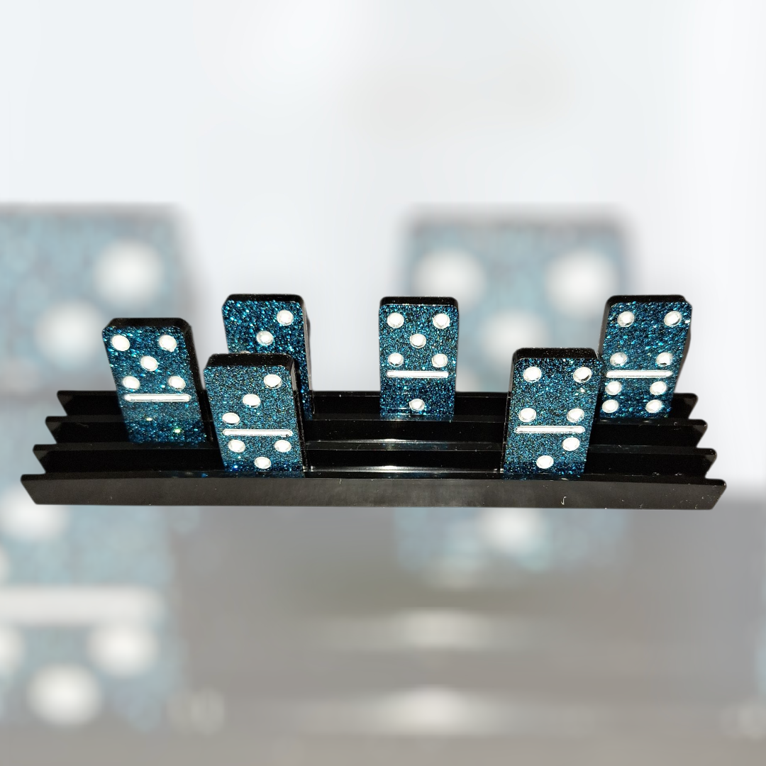 Jeu de Dominos de Luxe en Résine Époxy Pailletée - Bleu Galaxie / Turquoise Scintillant - Fait Main