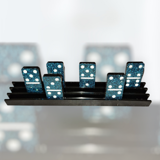 Jeu de Dominos de Luxe en Résine Époxy Pailletée - Bleu Galaxie / Turquoise Scintillant - Fait Main