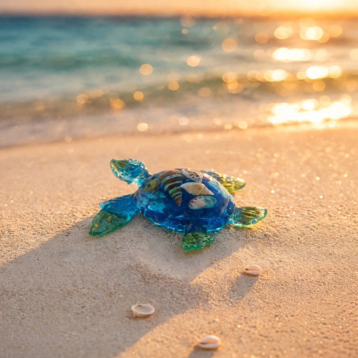 Tortue de Mer en Résine & Coquillages Artisanale (Statuette ou Magnet)
