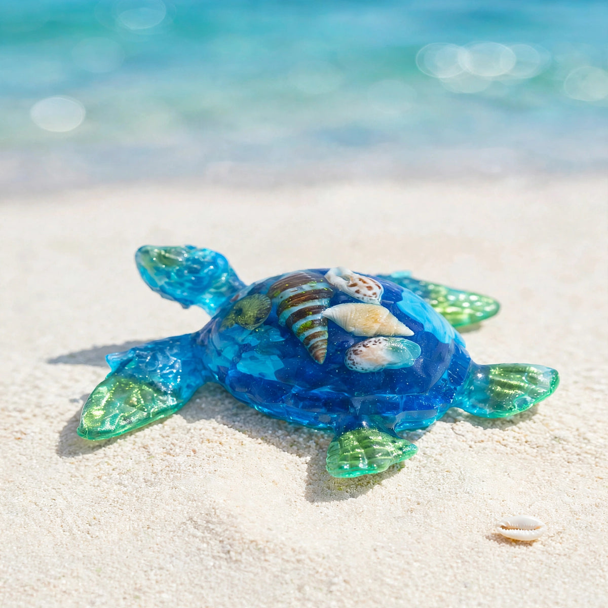Tortue de Mer en Résine & Coquillages Artisanale (Statuette ou Magnet)