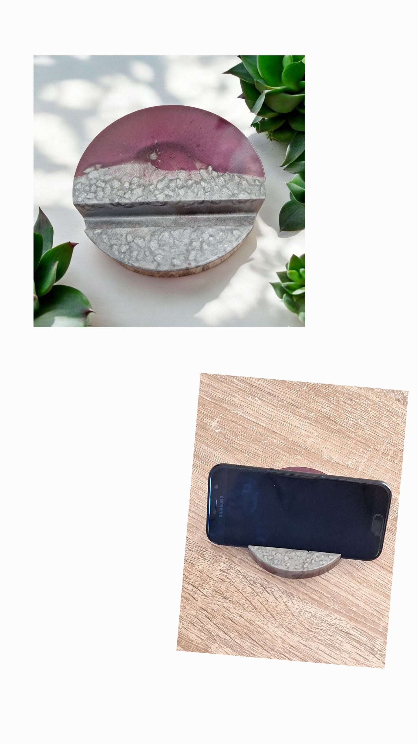Support de téléphone ou tablette en résine époxy mauve et argent – Élégant et fait main