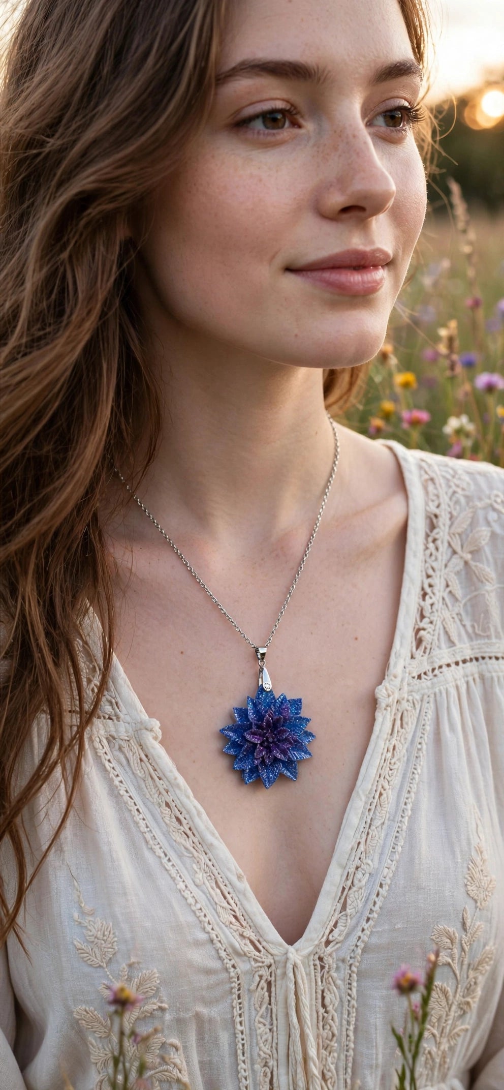 Collier Fleur Dahlia Bleu Nuit Pailleté - Résine & Acier Inoxydable