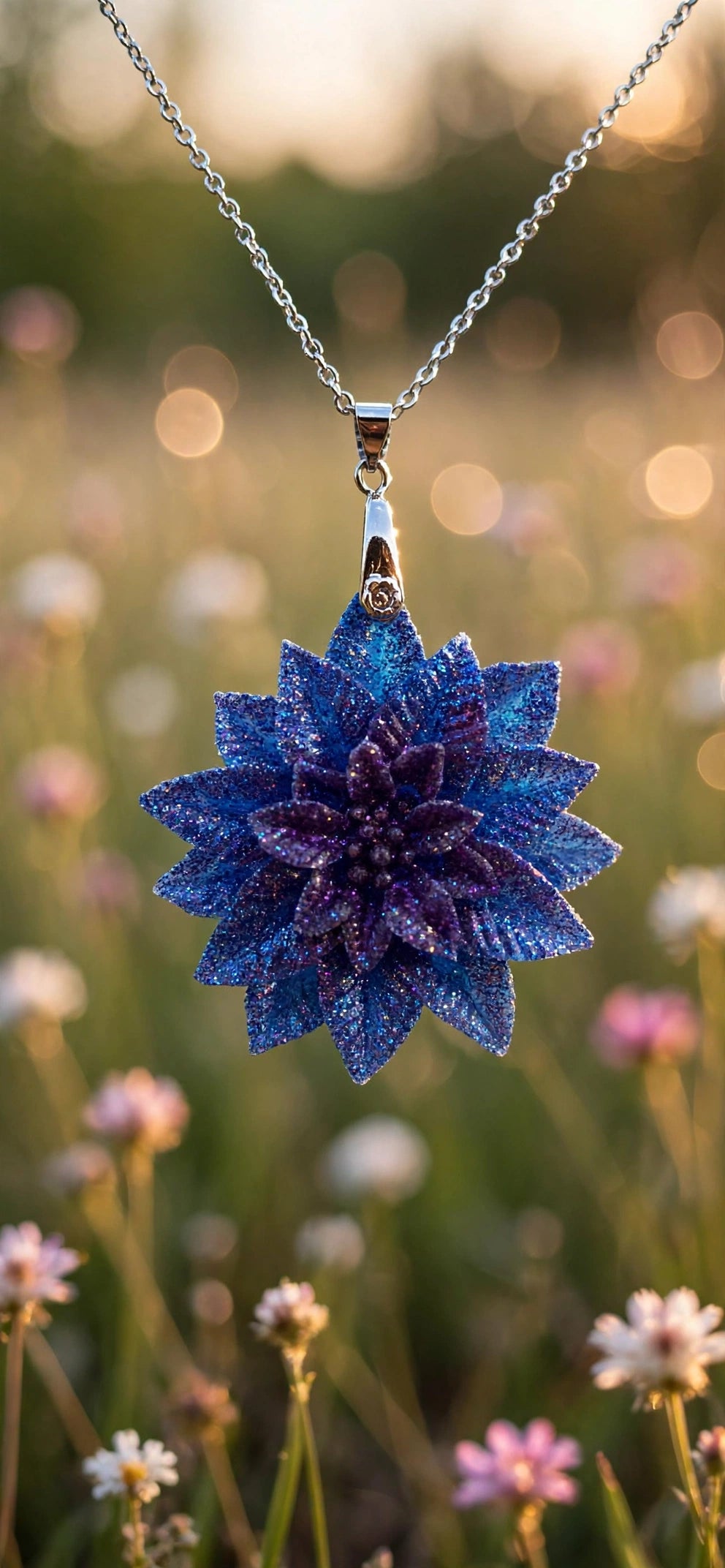 Collier Fleur Dahlia Bleu Nuit Pailleté - Résine & Acier Inoxydable