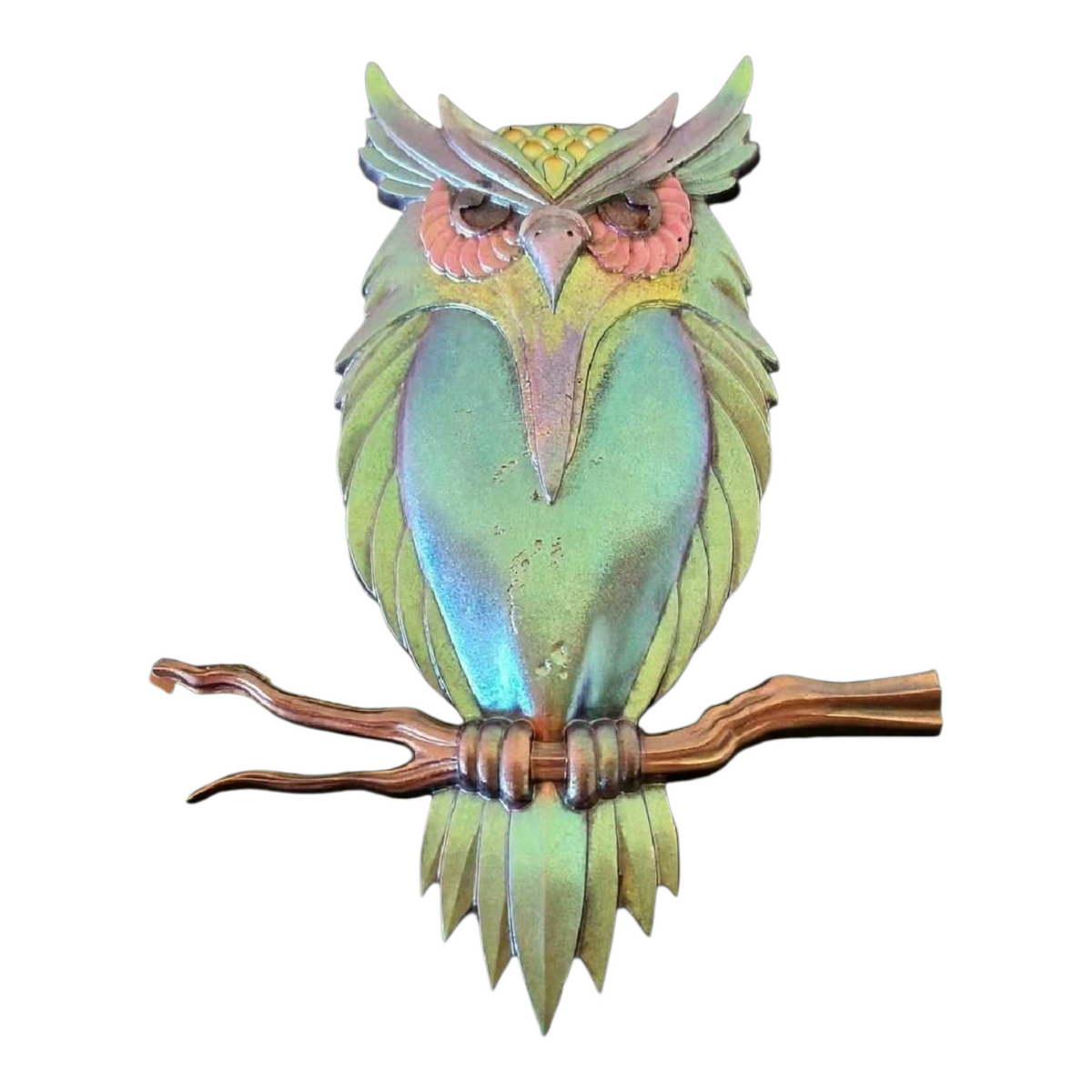 Chouette des Bois Enchantés – Décoration Hibou en Résine Iridescente Verte et Rose