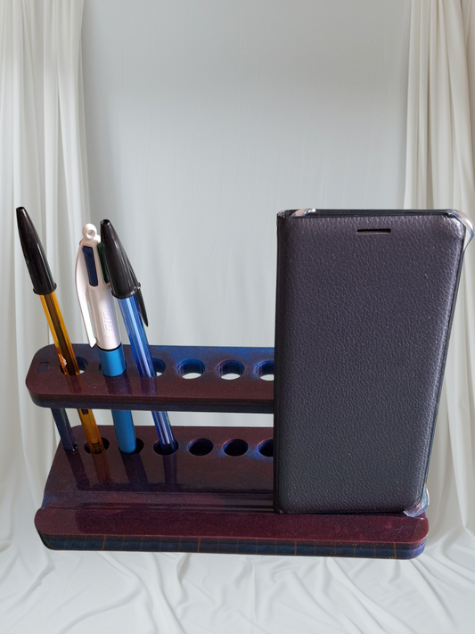 Organisateur de Bureau Résine colorée Artisanale Porte-Crayons & Téléphone ou carnet.