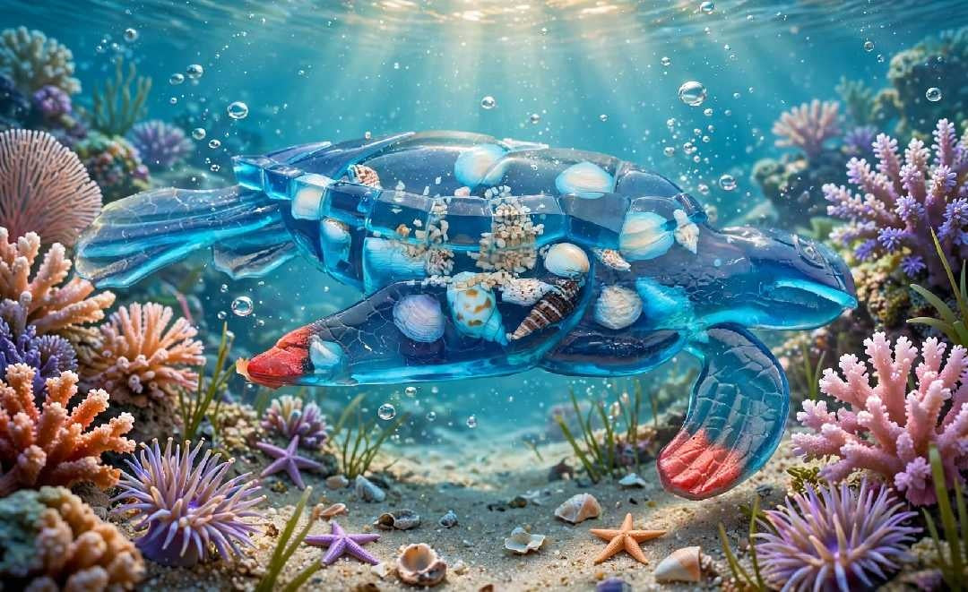 Tortue Lagon Corail – Décoration Marine en Résine Époxy, Coquillages et Sable Naturels - Fait Main