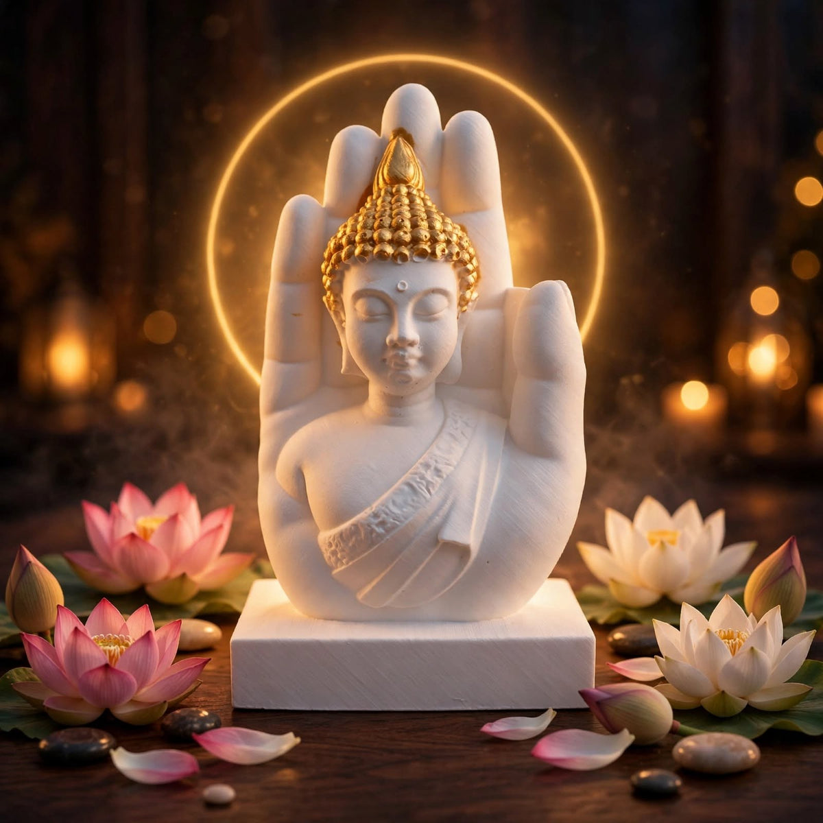 Statue Bouddha en Résine Naturelle et Or dans la Main Protectrice– Décoration Zen & Feng Shui