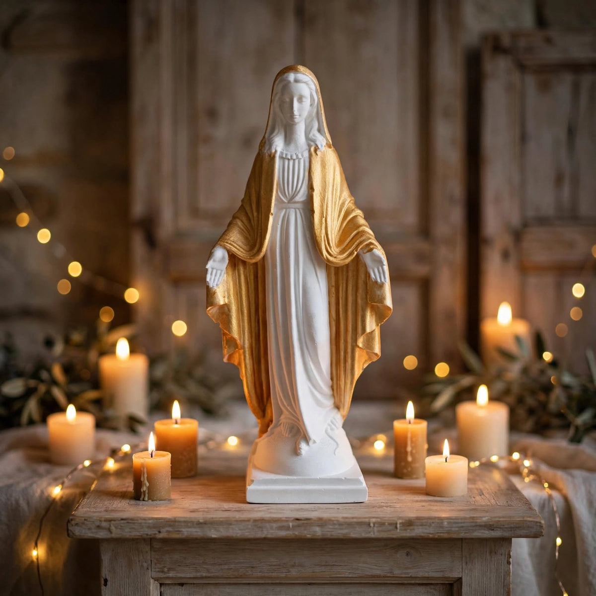 Statue de la Vierge Marie en Résine Naturelle et Or (13 cm) – Création Spirituelle Écoresponsable