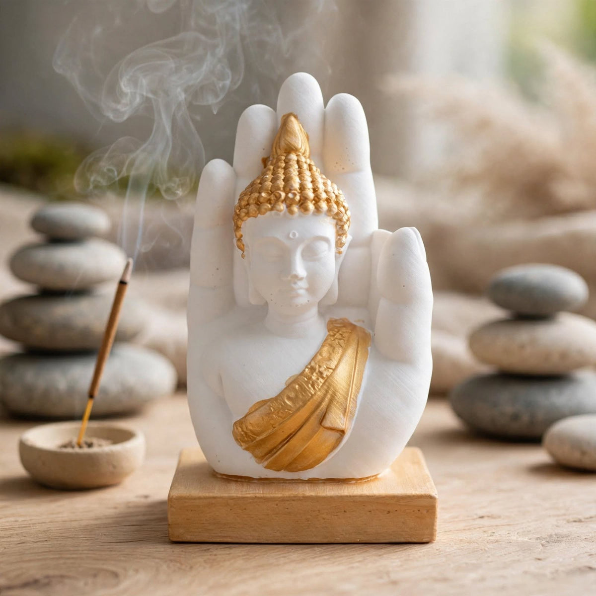 Statue Bouddha en Résine Naturelle et Or dans la Main Protectrice– Décoration Zen & Feng Shui